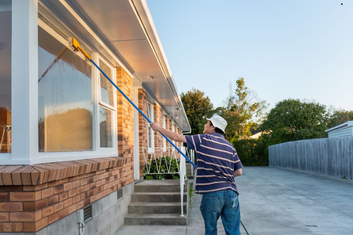 A man diligently cleans the windows of a house, showcasing professional window cleaning services in action.