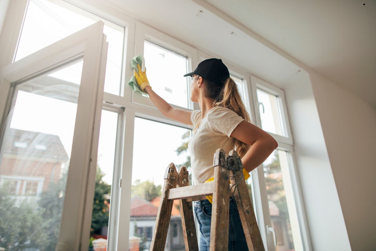A woman using a ladder to clean windows, showcasing a professional window cleaning service in action.